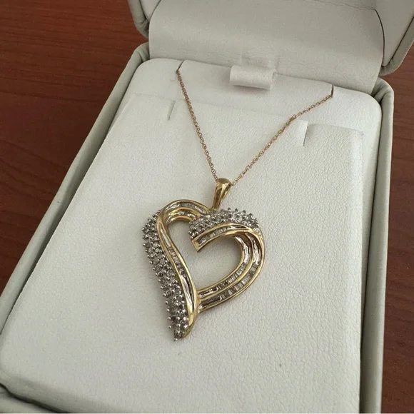 Diamond Heart Necklace 1/2 ct tw Round & Baguette 10K Yellow Gold 18" - Picture 3 of 11